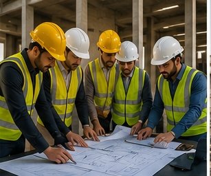 فرق مقاولات متعددة تعمل في مشروع إنشائي