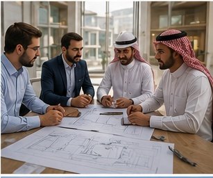 اجتماع فريق هندسي مع صاحب مشروع بناء