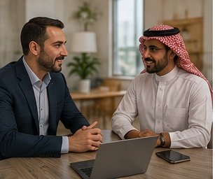 اجتماع بين العميل ومقاول البناء لمناقشة المشروع